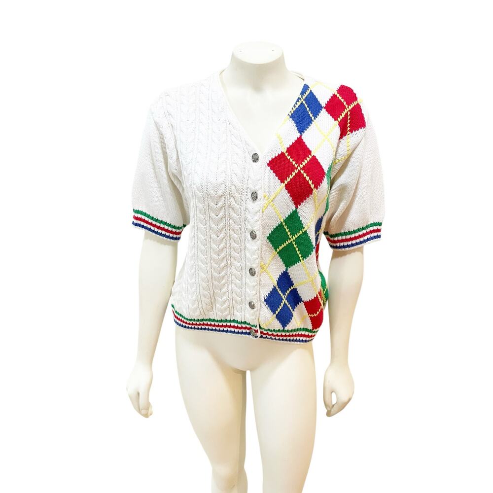 Liz Sport 90s Argyle Cable Knit Short Sleeve Tennis Sweater - Picture 2 of 6